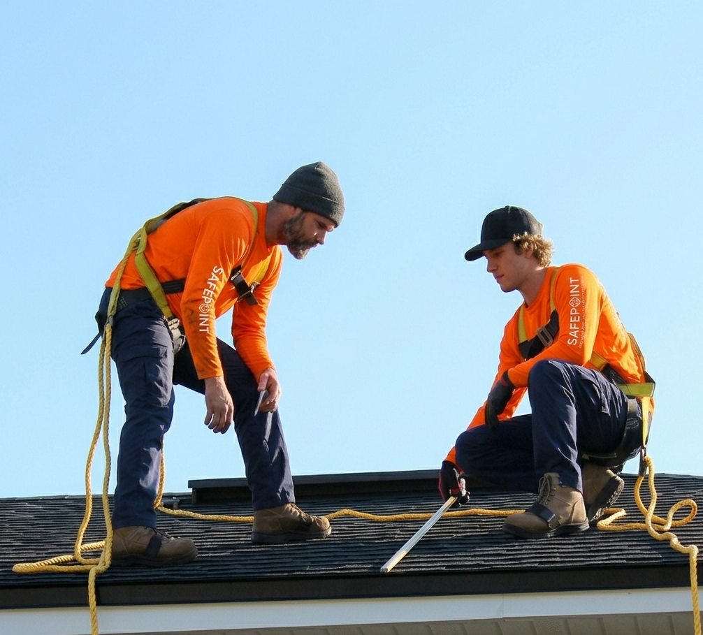 Two licensed Safepoint roofers in orange uniforms inspecting a roof in Orlando